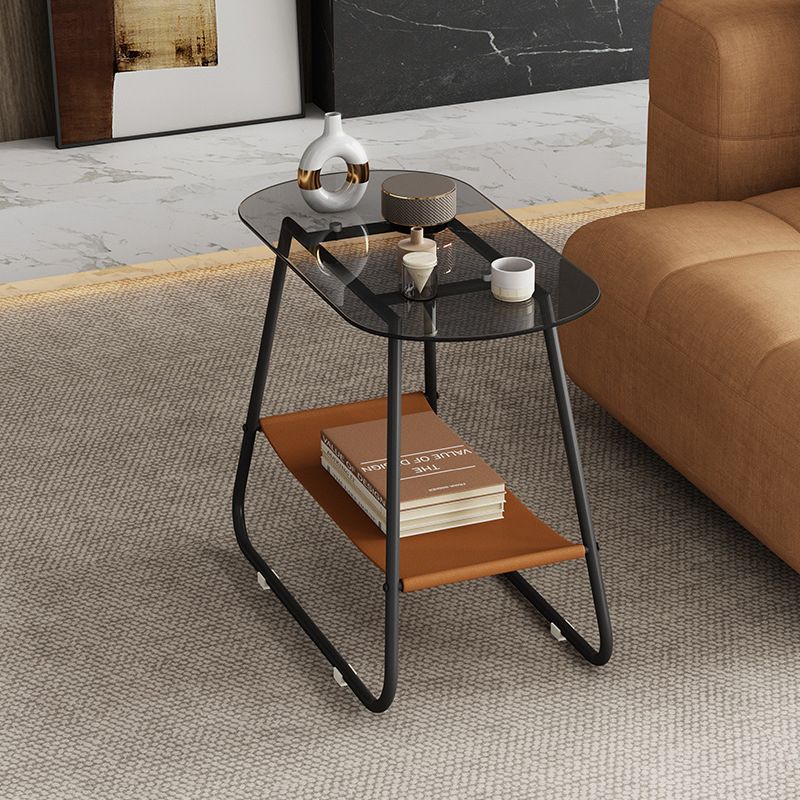 End Table Glass Sled with Storage Oval Contemporary Double Tier Side Table