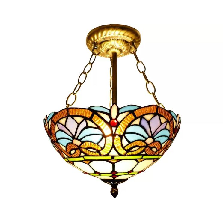 12"/16" Wide Victorian Design Bowl Ceiling Fixture Tiffany Style Stained Glass Semi Flush Mount Light in Red/Purple/Brass/Orange-Blue/Orange-Purple for Villa