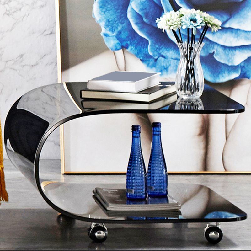 Contemporary Glass Shelf Included Coffee Cocktail Table with Casters