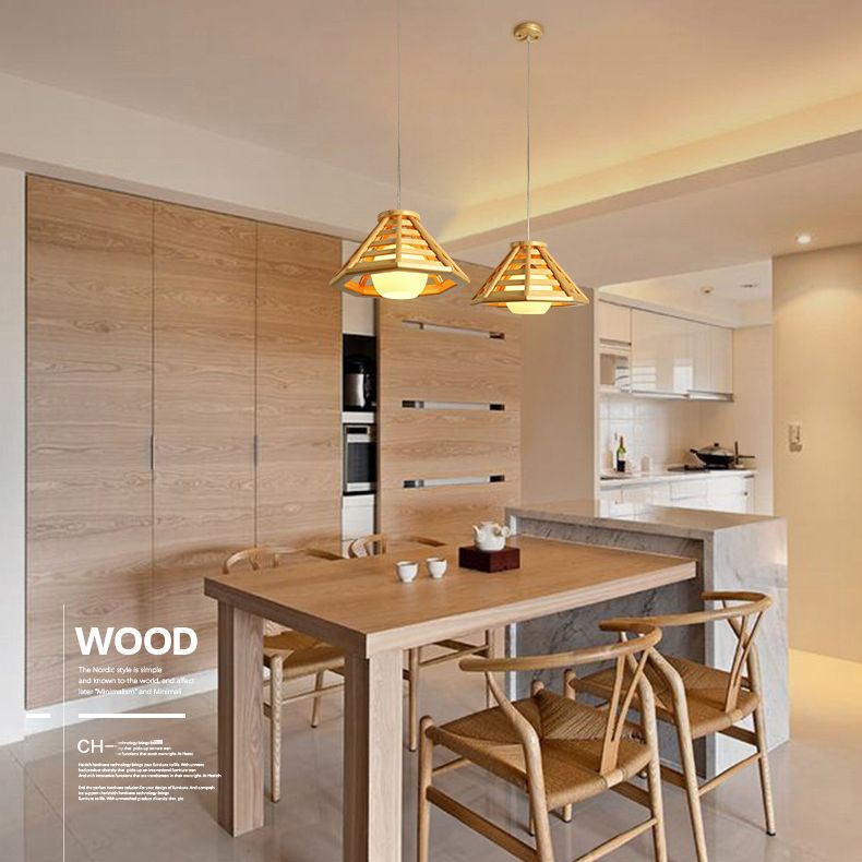 Log Color Truncated Cone Hanging Lamp in Modern Simplicity Wooden Pendant Light with Glass Shade