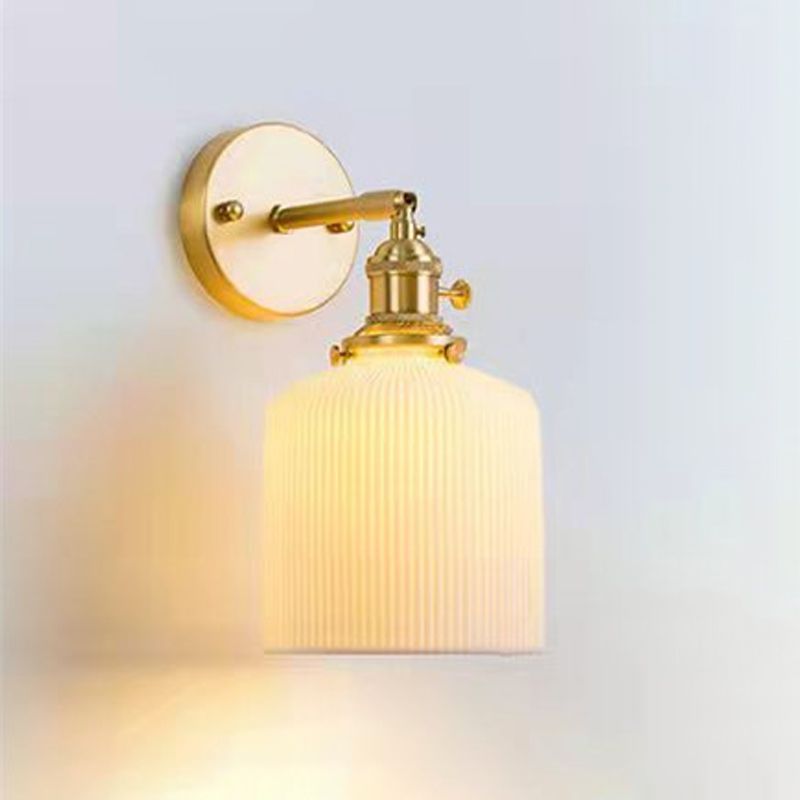 Modern Metal Wall Sconce Cylinder Shape Vanity Lamp with Ceramic Shade for Bathroom