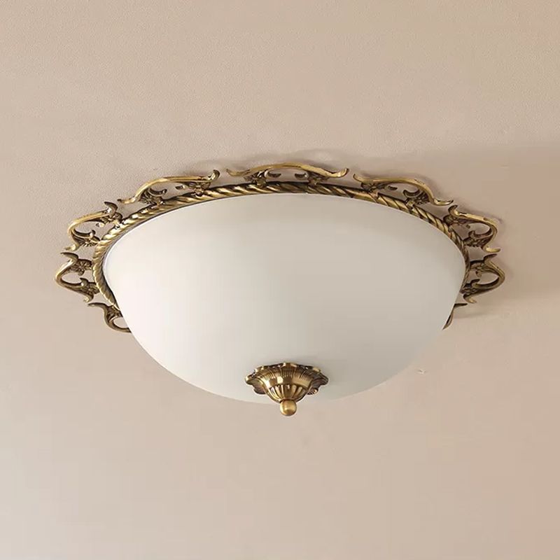 3/5 Bulbs Half-Globe Flush Light Rural Brass Frosted White Glass Ceiling Mount Lamp with Trim