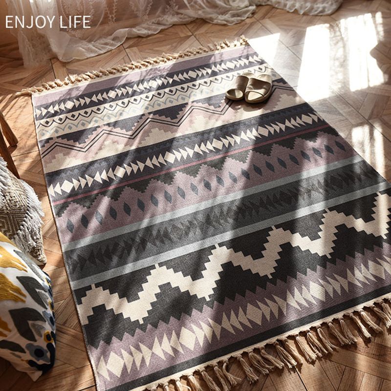 Bohemian Tribal Print Carpet Polyester Fringe Indoor Rug Stain Resistant Area Carpet for Living Room