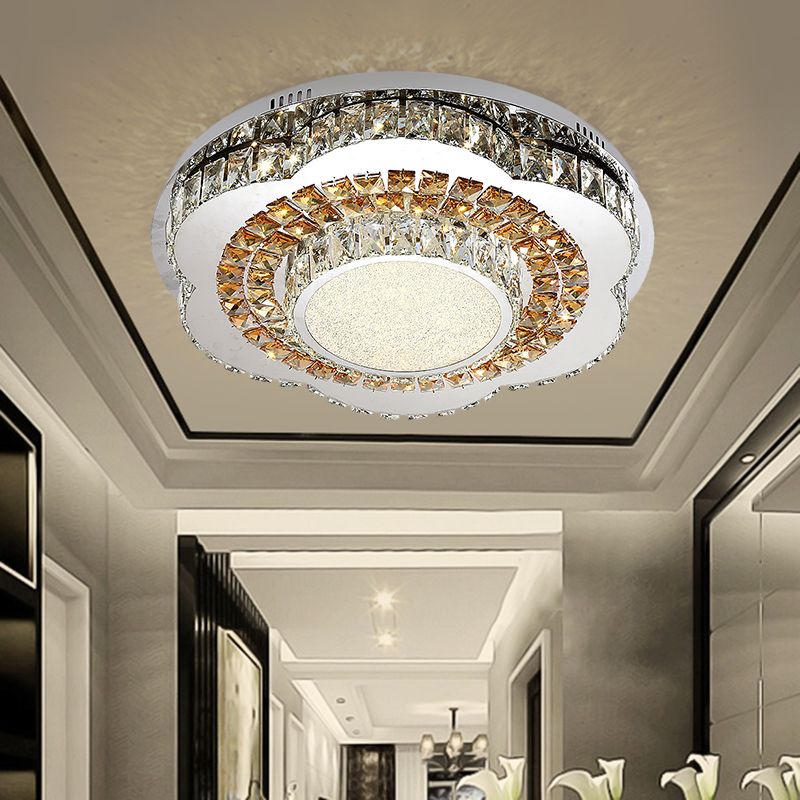LED Flower-Shape Flush Mount Fixture Modern Beveled Crystal Ceiling Mounted Lighting in Chrome