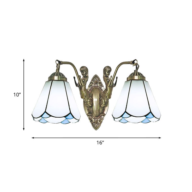 Mission Conic Wall Mount Lamp 2 Heads White/Beige Glass Sconce Light Fixture with Double Mermaid Arm