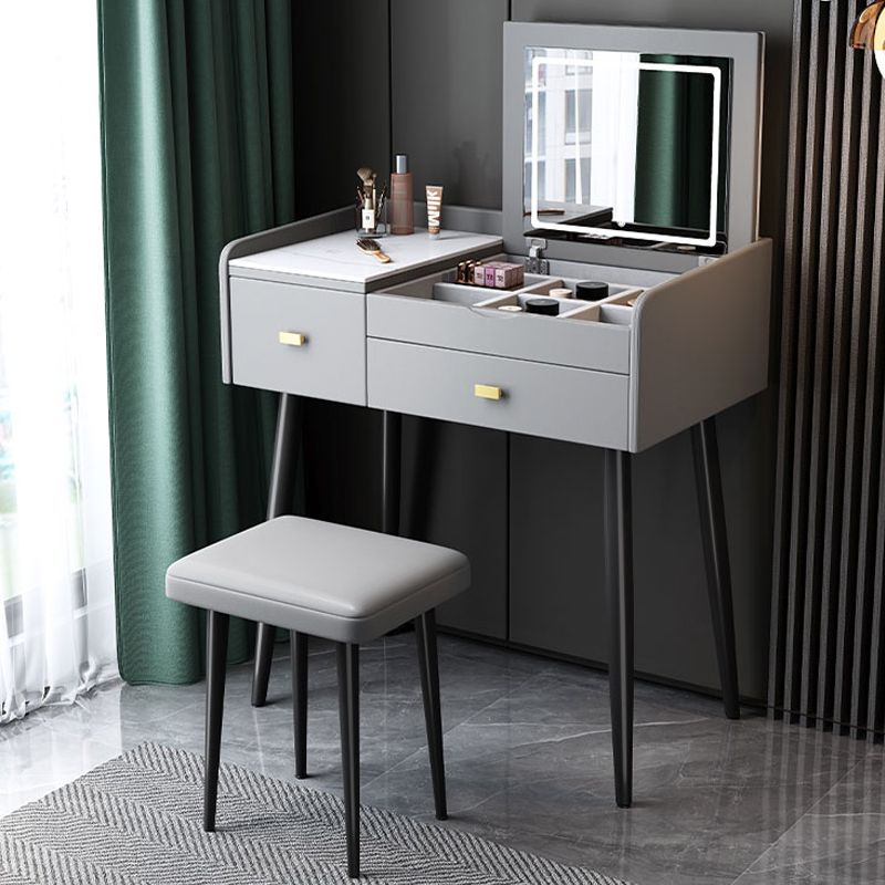 Flip Single Marble Vanity with Padded Stool Lighted Mirror Vanity Desk