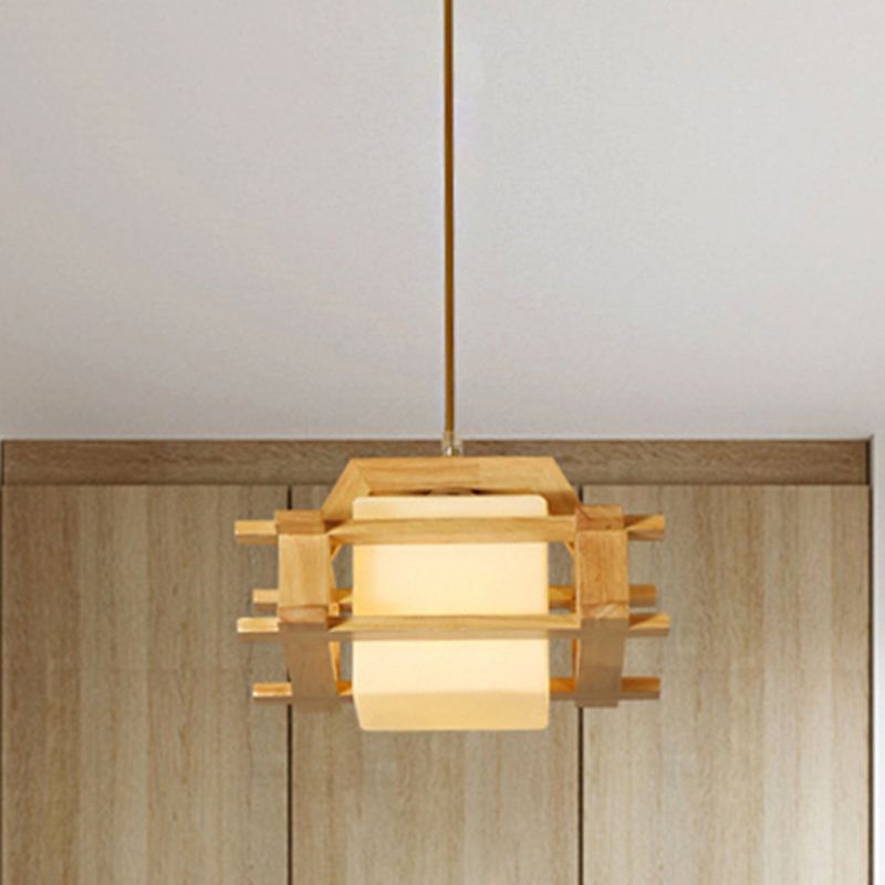 Contemporary Cube Suspension Light with Wood Guard Glass 1 Light Beige Pendant Light for Bedroom