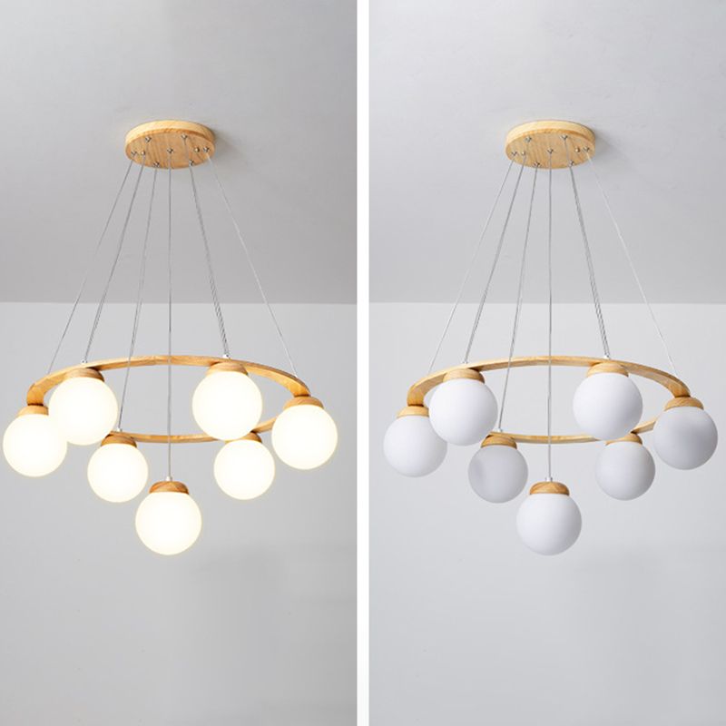 Wooden Circle Chandelier Nordic Style Hanging Light with Ball White Glass Shade