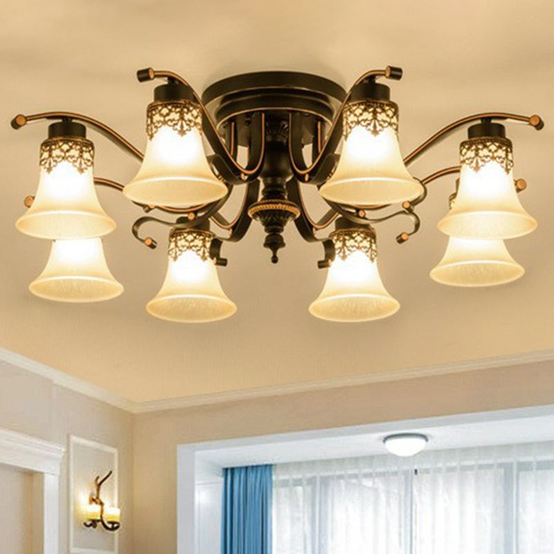 Beige Glass Bell Semi Flush Traditionelle Wohnzimmer Deckenmontage Kronleuchter in Schwarz