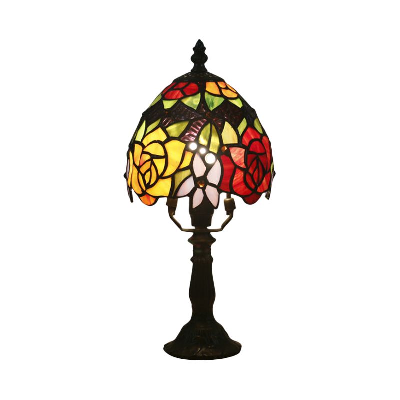 1 Kopf Rosen gemusterte Nachtlampe Barock dunkler Kaffee Buntkunstglas Nachttisch Licht mit Schüssel Schatten