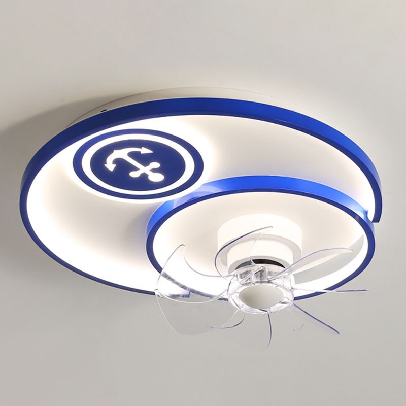 Cartoon Disc Shaped Flush Mount Fan Lamp Metal Boys Room LED Semi Flush Light