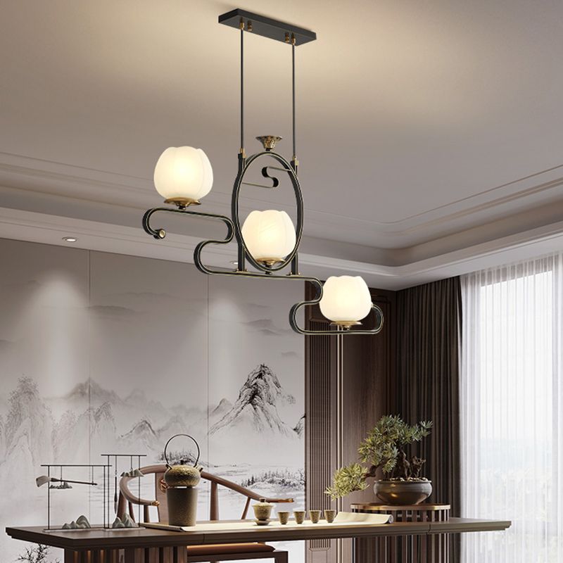 Flower Shape Glass Island Chandelier Modern Multi Lights Island Ceiling Light in Black