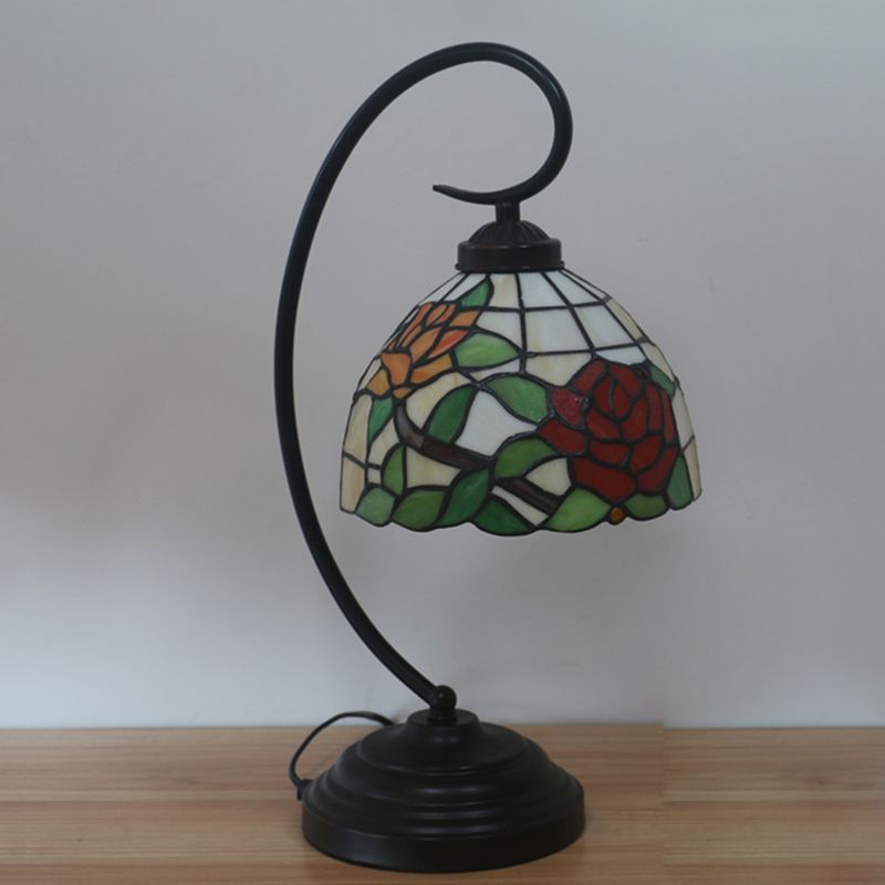 Bronze Curvy Night Light Baroque 1 Head Metal Red/Pink Rose/Tulip Patterned Desk Lighting with Bowl Cut Glass Shade