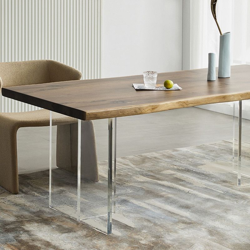 Natural Walnut Top Dining Table Modern Rectangle Transparency Acrylic Base Table