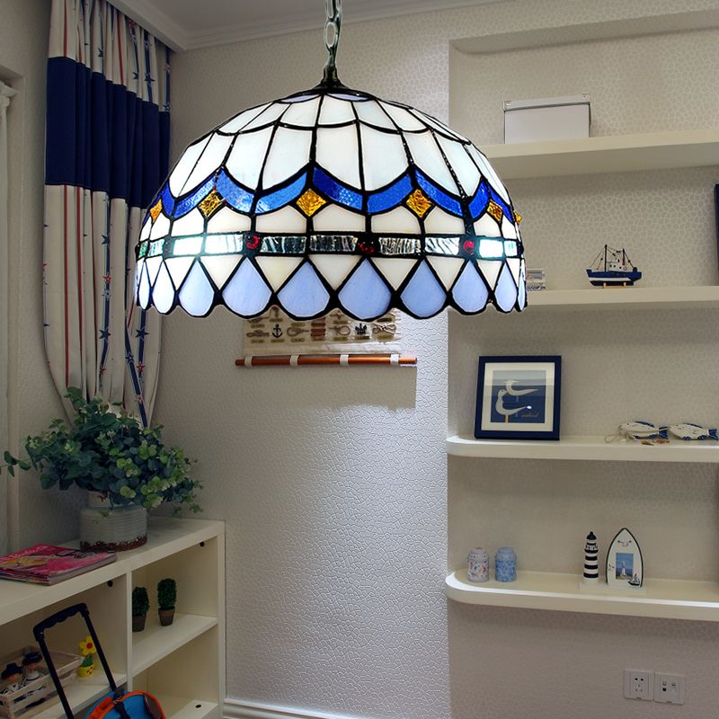 Domed Shade Living Room Suspension Light Stained Glass Traditional Tiffany Hanging Light in Blue