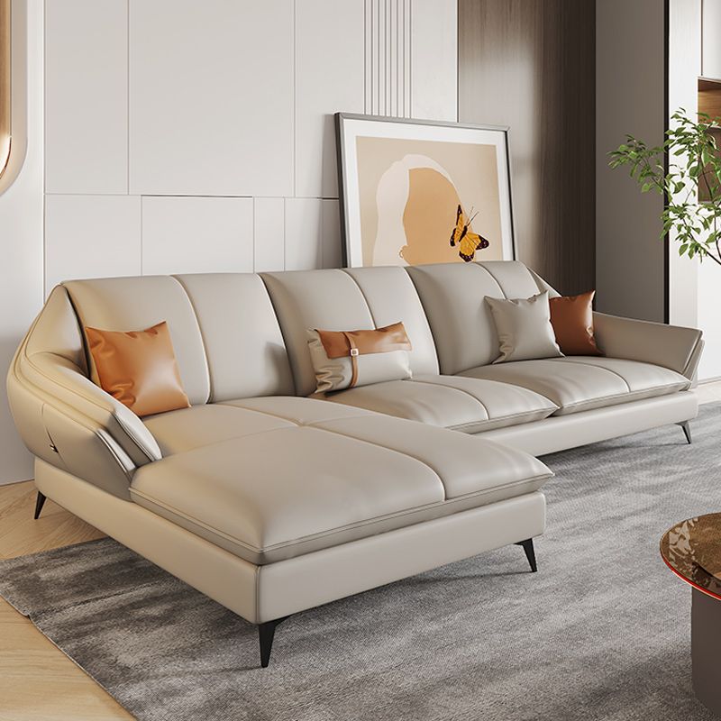 Contemporary Sectional Sofa Beige Leather Sectional with Pillows