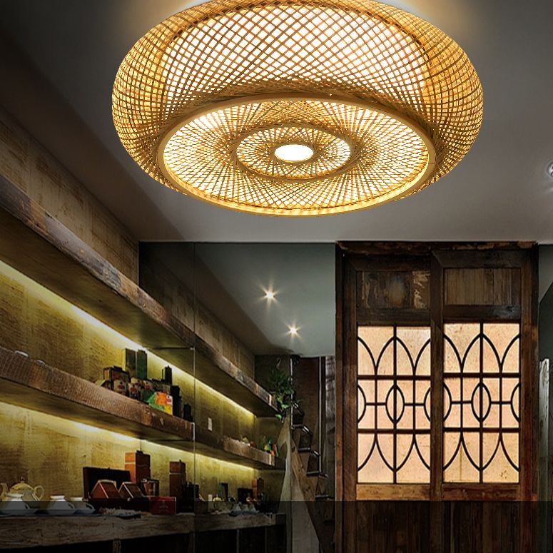 Plafonnier tissé en bambou, style asiatique, luminaire simple, beige