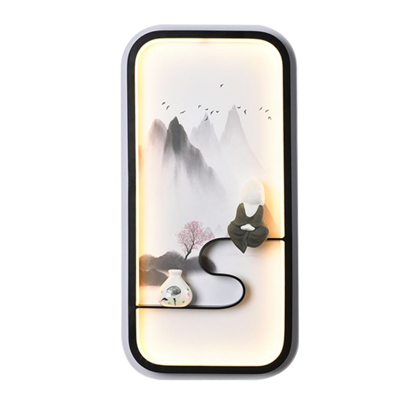 Ink Painting Mountain Mural Lamp Chinese Ceramic Black LED Wall Lighting Fixture