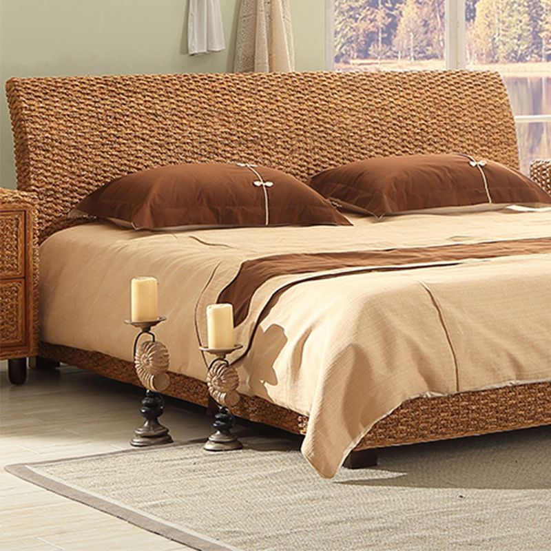 Brown Standard Bed 37.40" High Bed with Headboard Tropical Rattan Style
