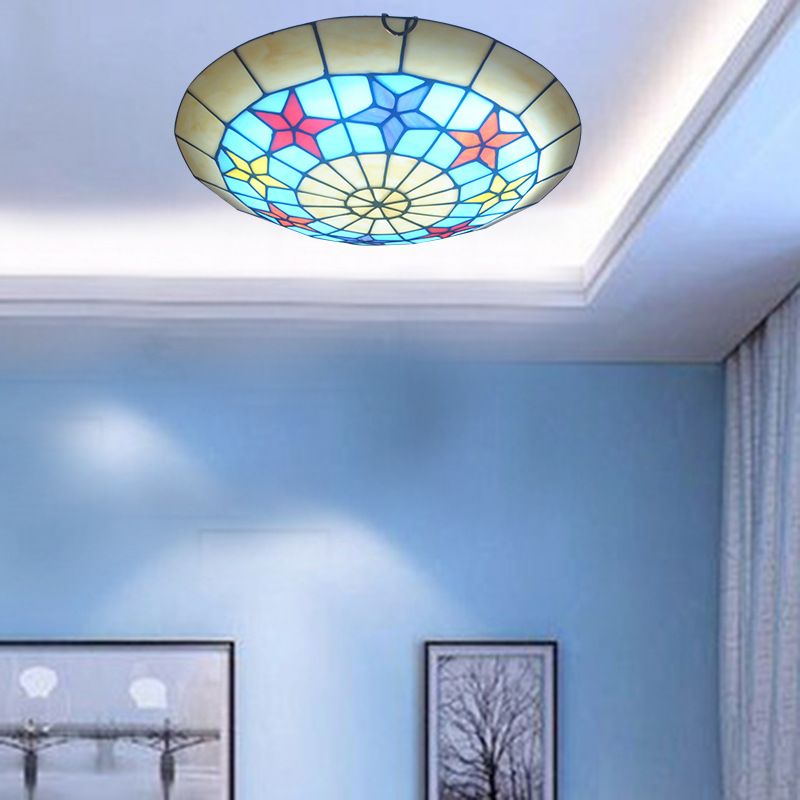 12"/16" W Round Ceiling Light Retro Style Stained Glass 1 Bulb Ceiling Light Fixture with Star Pattern in Ginger