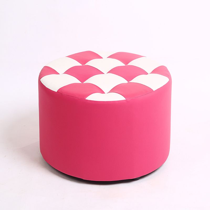 Modern Stain Resistant Standard Round Check Pattern Leather Pouf for Drawing Room