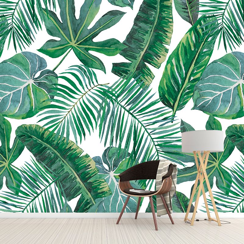Custom Illustration Tropix Murals with Plant Leaves Pattern in Green, Moisture Resistant