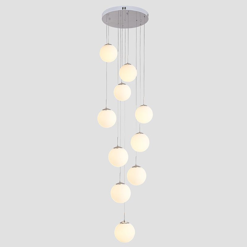 10 Heads Stairs Cluster Pendant Light Simple Silver Drop Lamp with Spherical Cream Glass Shade
