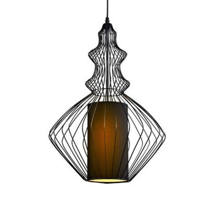 Gourd Shaped Iron Pendant Lighting Retro 1 Bulb Dining Room Ceiling Hanging Lantern with Fabric Shade Inside in Black
