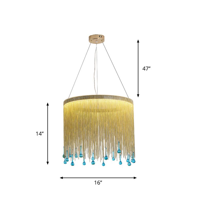 Modern Stylish Fringe Skirt Pendant Lamp Aluminum Bedroom 16"/19.5" W LED Hanging Light Fixture in Gold with Blue Glass Drop