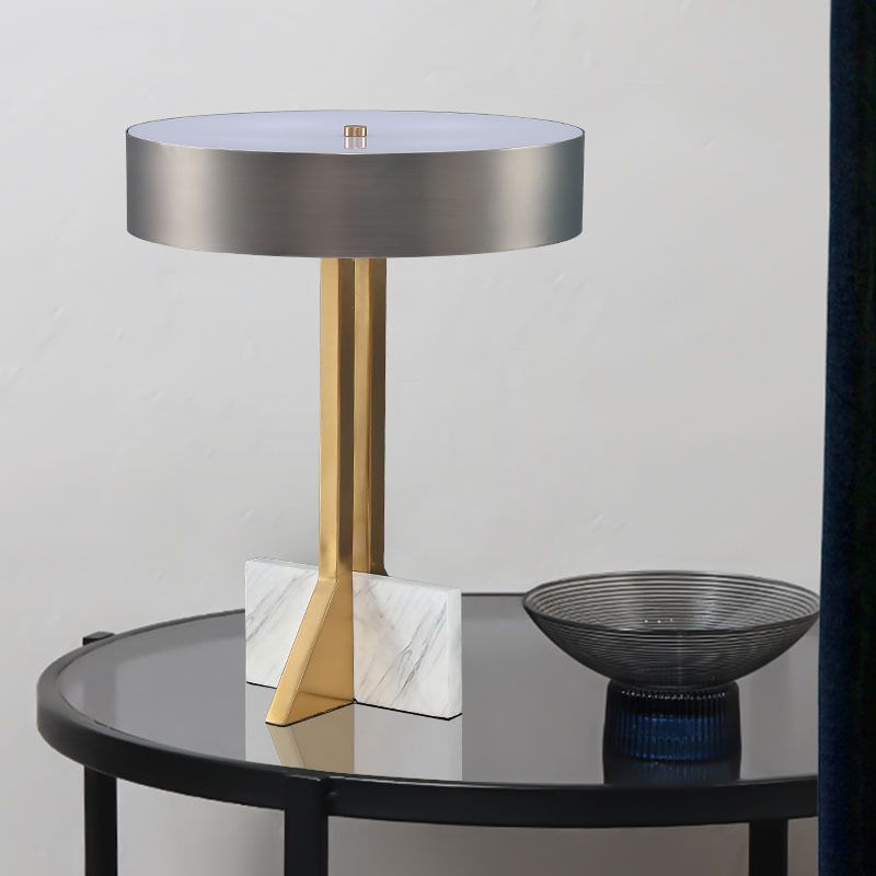 Round LED Table Lamp Postmodern Metal Black and Gold Nightstand Light with Marble Quadpod
