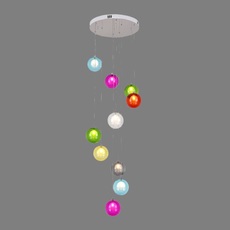 10 Lights Globe Cluster Pendant Modern White/Pink Glass LED Hanging Ceiling Light for Stair