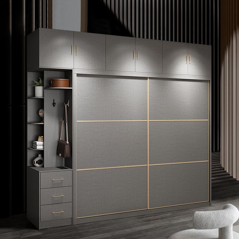 Contemporary Style Gray Colour Wardrobe Wooden Cloth Rod Included Wardrobe Closet