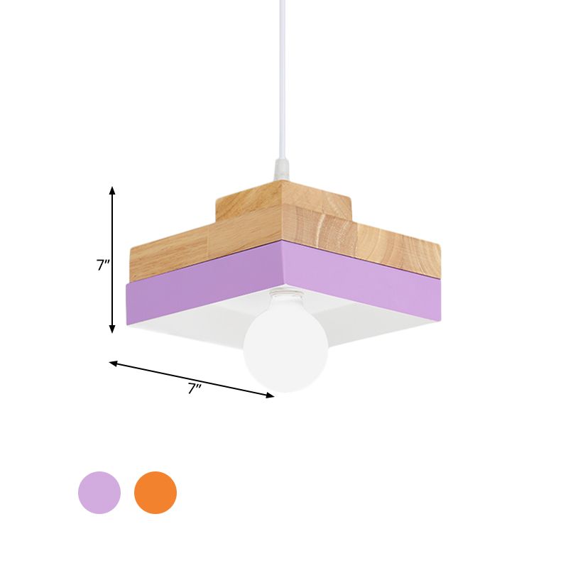 Macaron Circle/Square Down Lighting Metal 1-Light Living Room Hanging Ceiling Lamp in Orange/Purple/Yellow and Wood
