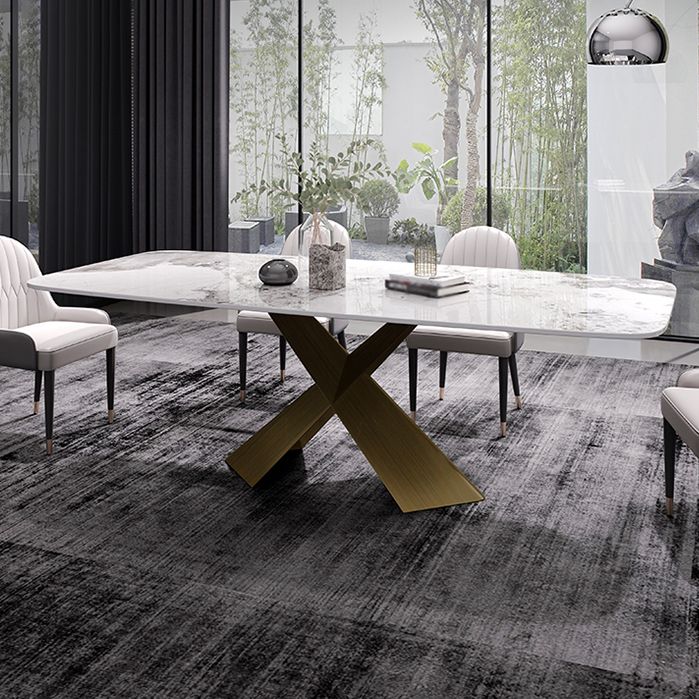 Sintered Stone Top Dining Table for Restaurant Luxury Rectangle Table with Metal Pedestal