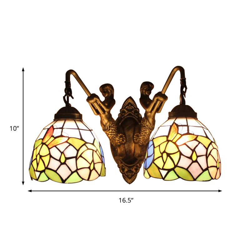 Multicolor Glass Bowl Wall Mount Light Tiffany 2 Head Bronze Sconce Light with Dragonfly/Butterfly Pattern