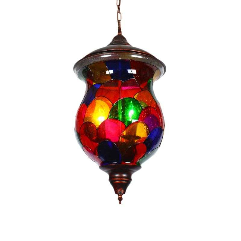 Urn Living Room Ceiling Pendant Mediterranean Stained Glass 1 Head Red Hanging Light Fixture