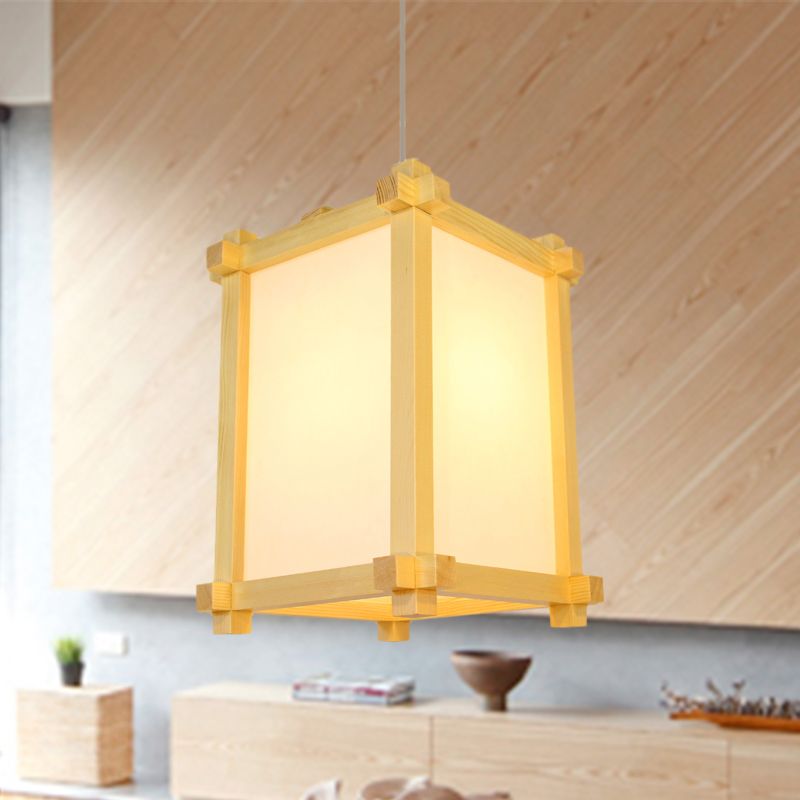 Box Forme Pendant Light Aymator Wood de style japonais 1 Restaurant de bulbe Lampe suspendue en beige