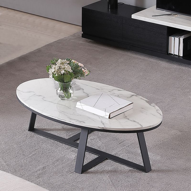 Marble Oval Coffee Table Metal Frame Abstract Cocktail Table