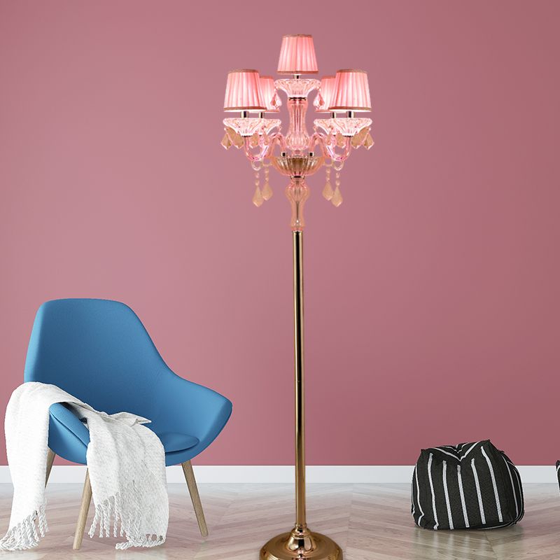 Crystal Pink Floor Reading Lamp Candlestick 5/6/7-Head Traditional Standing Light with Pleated Lampshade