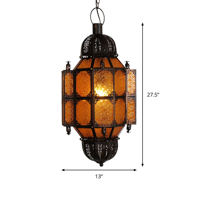 Black Lantern Pendant Vintage Metal 1-Bulb Restaurant Ceiling Light with Yellow Textured Glass Shade
