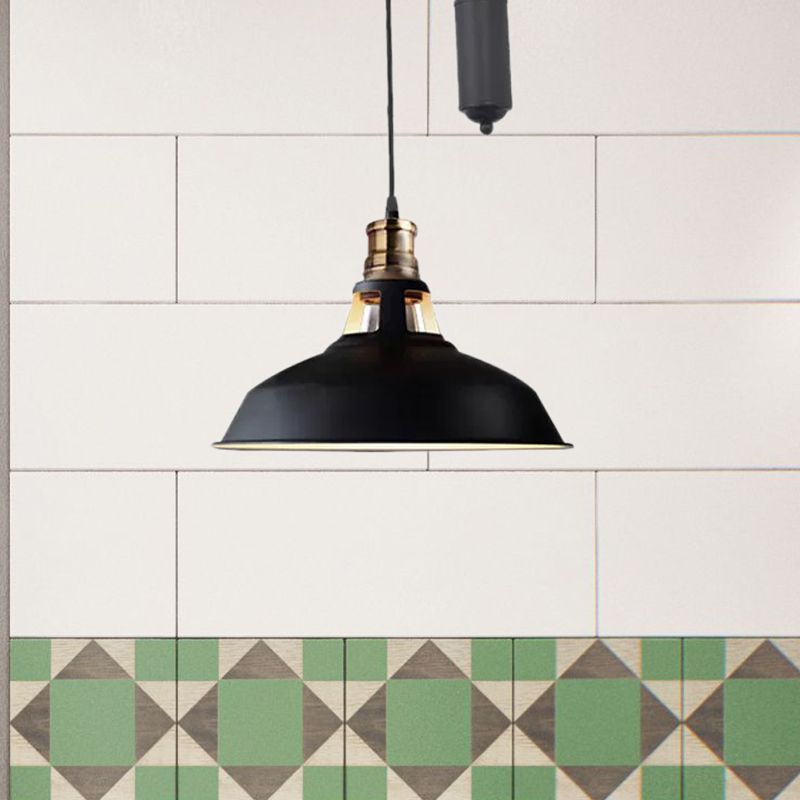 1 Light Barn Pendant Ceiling Lamp Farmhouse Style Black/Beige/Rust/White Metallic Hanging Light with Pulley for Bedroom