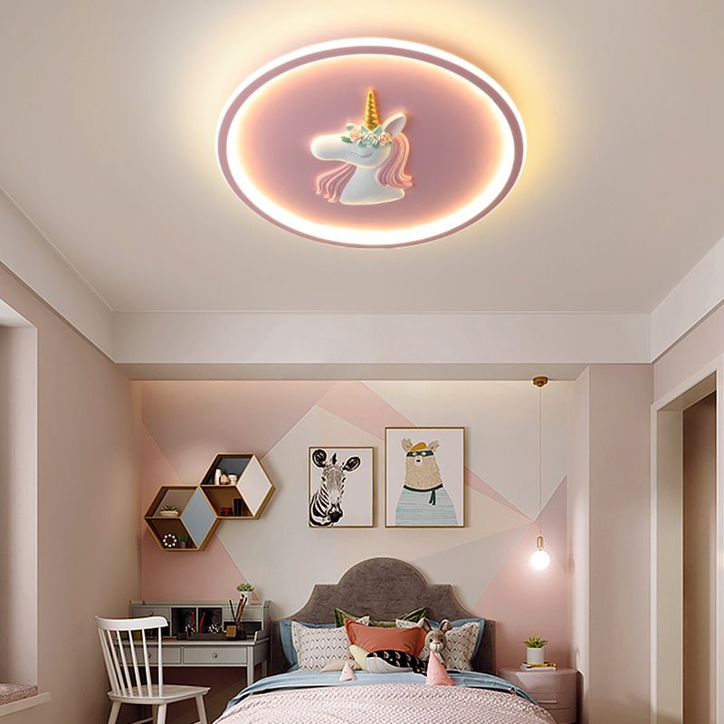 Luminaire encastré à 1 lumière LED en forme de dessin animé en métal licorne pour chambre d'enfant