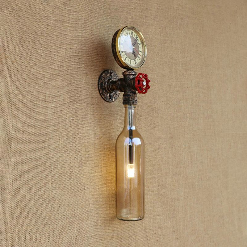Brown/Blue Bottle Wall Sconce Lamp Vintage Stylish Glass 1 Bulb Living Room Wall Lighting with Gauge and Valve