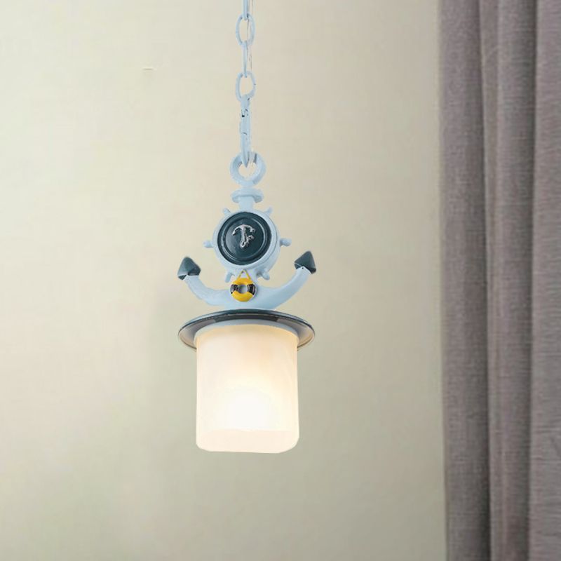 Cilinder Frosted Glass Pendant Light Kids 1 kop Blue Suspension Lamp met ankerontwerp voor woonkamer