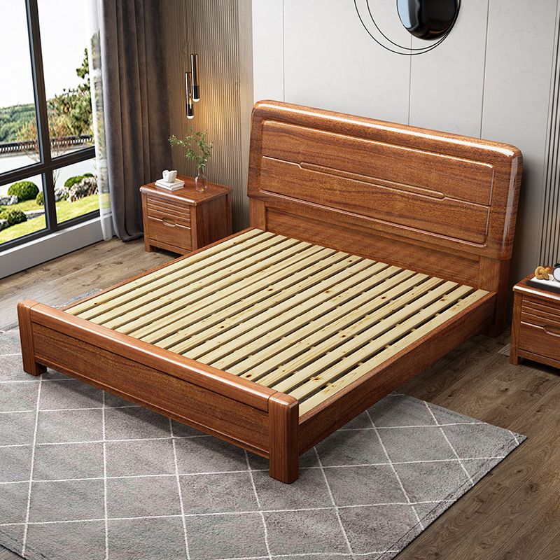 Panel Bed with Storage 43.30" High Brown Walnut Wood Bed in Brone