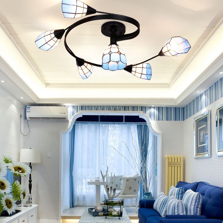 Tiffany Flower Semi Flush Light Stained Glass Ceiling Mounted Light for Living Room