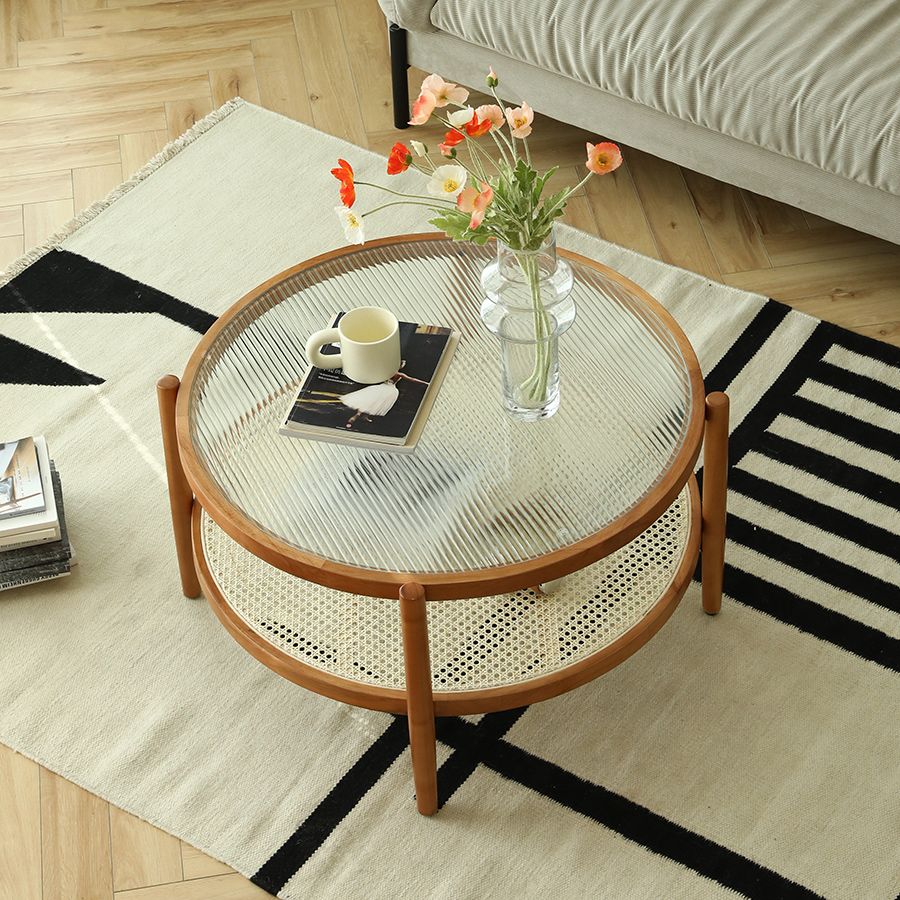 Round Glass/ Wood Top Coffee Table 4 Legs Cocktail Table with Shelf