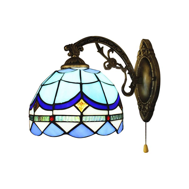 1 Light Dome Wall Lamp with Pull Chain Baroque Style Stained Glass Wall Sconce Light in Sky Blue/Navy Blue