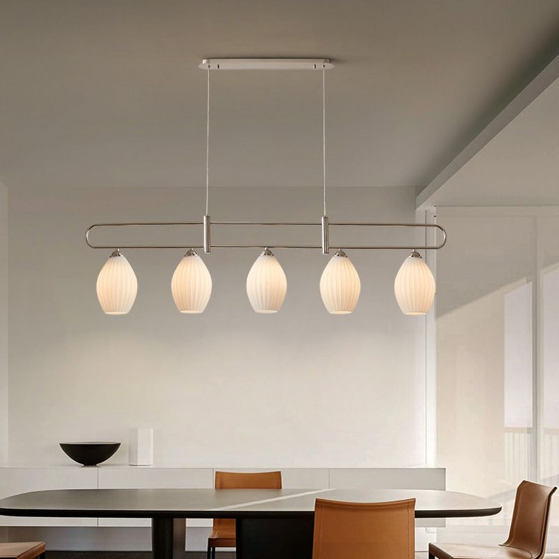 Drum Shape Glass Island Chandelier Modern Style Multi Lights Island Ceiling Light in White