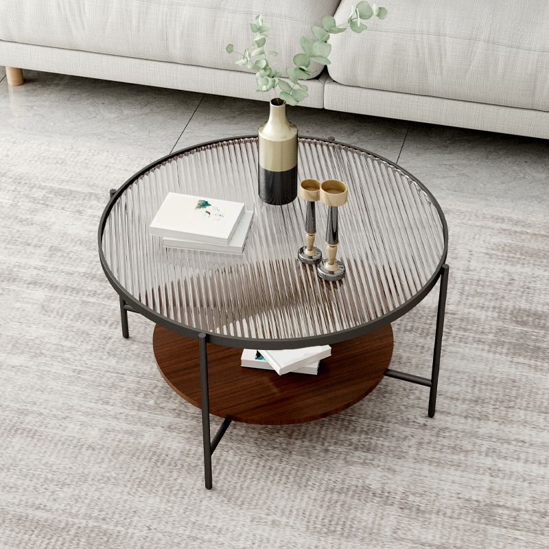 17.7" H Modern Round Glass Coffee Table Steel 4 Legs Cocktail Table with Shelf